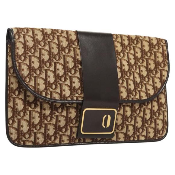 Christian Dior Trotter Canvas Clutch Bag Brown Gold Auth 126019 - Picture 1 of 16
